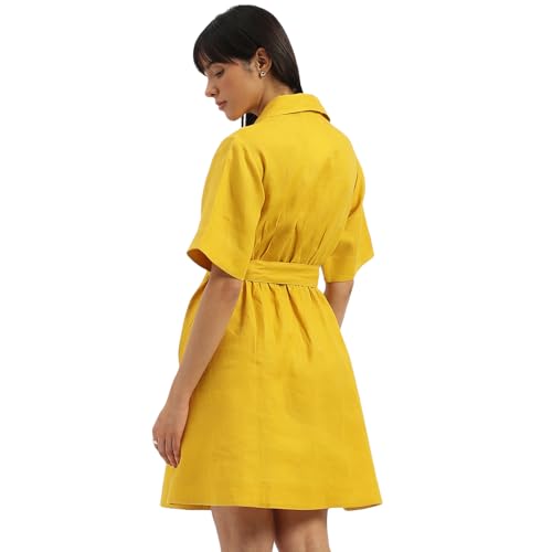 UNITED COLORS OF BENETTON Shirt Collar Solid A-Line Dress (Size: L)-25P4WVNDR150I901 Yellow