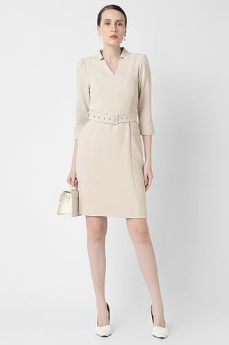 Van Heusen Women's Polyester Blend Modern Mid-Thigh Length Dress (VWDRCRGP516549_Beige