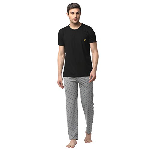 Mack JONNEY Cotton Blend Night Suit Co-ord Set for Men with Round Neck Half Sleeve T-Shirt and Track Pant-T_BLK_D1_PRT_4MLG_02-XL