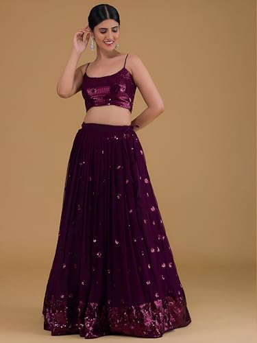 Zeel Clothing Womens Georgette Lehenga Choli Semi-Stitched Purple Wedding Girlish Latest Free Size