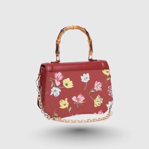 MAROON Women's Floral Satchel Handbag with Bamboo Style Handle & Gold Chain Strap