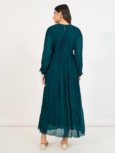 Styli Women Solid Round Neck Long Sleeves A-Line Maxi Dress | Navy Blue | Elegant & Flattering Fit | Perfect for Casual, Semi-Formal, and Formal Occasions | Zip Closure for Secure Fit