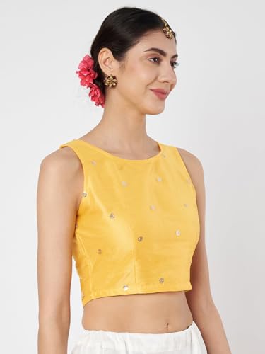 studio rasa Women Net Sequin Embroidered Readymade Blouse for Wedding Festive (TPWC425BL20XL_Yellow_X-Large)