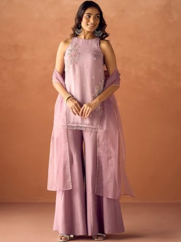 Women's Lavender Silk Blend Embroidered Kurti Set With Palazzo And Dupatta