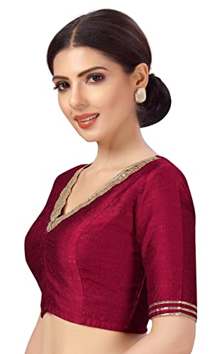 Studio Shringaar Women's Readymade Silky Saree Blouse with Embroidered Neckline (Maroon, 44)