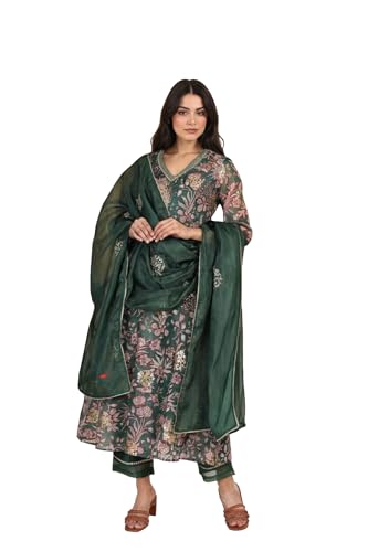 W for Woman Floral Printed Metallic Embroidered Flared Kota Doria Kurta with Pant and Dupatta Set - Green (WS13278-126619-L)