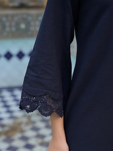 Divena Navy Blue Cotton Straight Fit Lace Border Kurta with Trouser