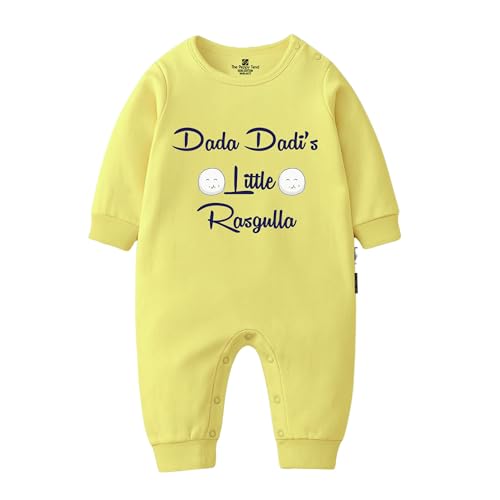 The Peppy Tend Baby Romper for Boys & Girls | 100% Cotton Full Sleeve Onesie Jumpsuit Dada Dadi's Little Rasgulla | New Born Outfit (0-12 Months) (Yellow, 0-3Months)