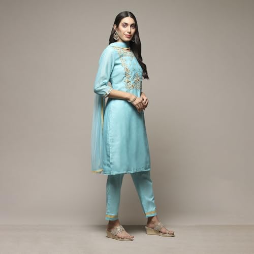 BIBA WOMEN YARNDYED NARROW SALWAR KURTA DUPATTA(SKDSKD7456E_TURQUOISE_40)