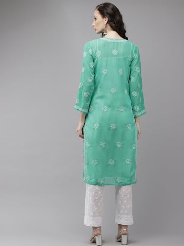 Ada Georgette Kurta with Palazzo for Women Lucknowi Chikan Hand Embroidered Kurti Set A811215 Sea Green (L)