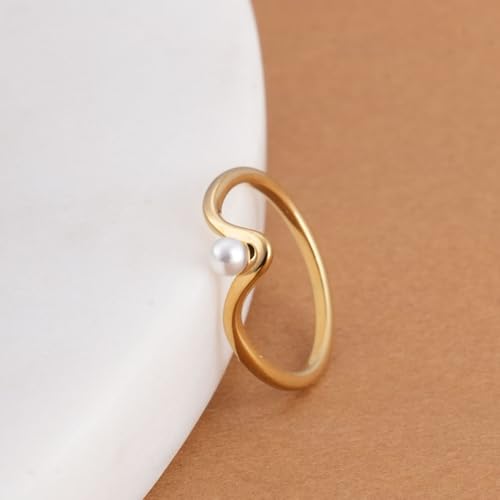 PALMONAS Delicate Vee Pearl Ring for Womens (Size- 6) - Waterproof & Anti-Tarnish, Gift for Girls & Women