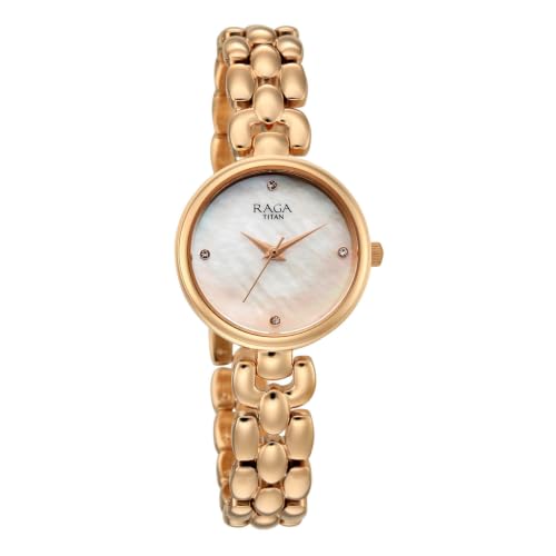 Titan Raga Showstopper 5.0 Quartz 3 Hands Round White MOP Dial, Rose Gold Strap Watch for Women - 95461WM01