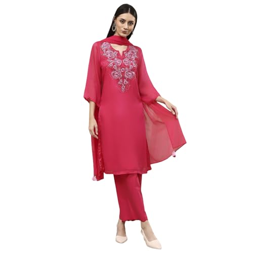 BIBA Women Fuchsia Embroidered Straight Suit Set_36