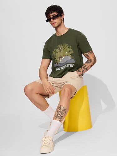 The Souled Store Official Disney: Bare Necessities Men and Boys Short Sleeves Round Neck Green Graphic Printed Regular Fit Cotton T-Shirts