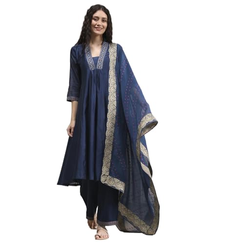 Biba Women Blue Chanderi Gathered Dyed Kurta Set_38