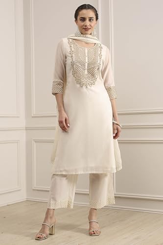 Biba Women's Polyester Kurta, Bottom, Dupatta (SKDUTSV31130AW25OWHT