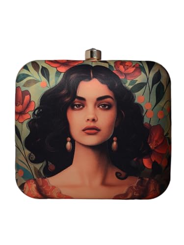 Artklim Green Based Portrait of Indian Women Printed Clutch Bag for Women with Detachable Strap