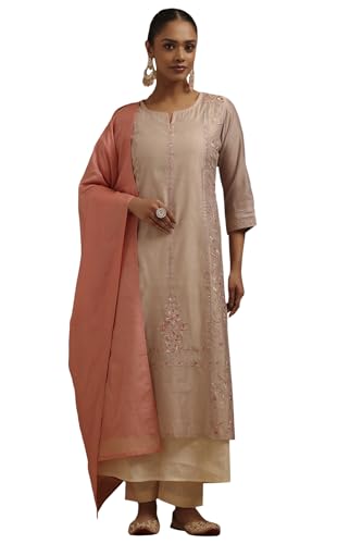 Soch Womens Beige Chanderi Floral Printed Suit Set With Thread Work