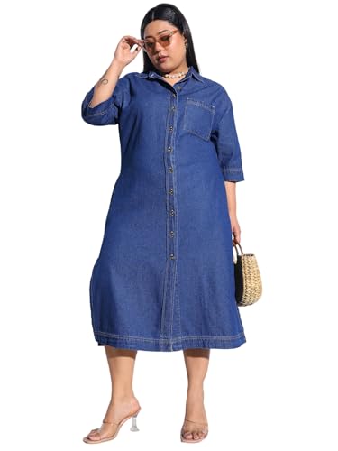 Sassafras Curve Women Navy Blue Tencel Button Down Shirt Midi Dress-3XL