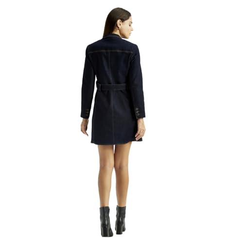 Women's Solid Dark-Blue Notched Lapel Dress