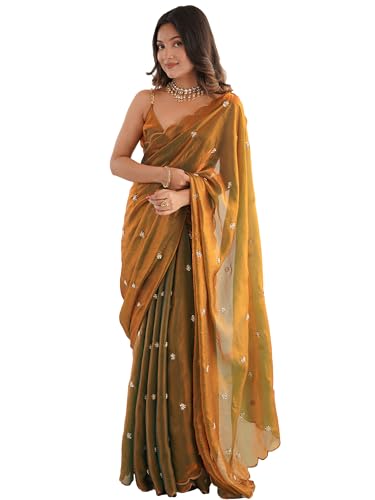 AKHILAM Women's Shimmer Gold Soft Fandy Silk Saree With Hand Work Embroidered Saree With Unstitched Blouse peice