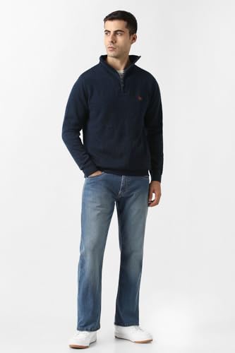 Men Navy Solid Round Neck Sweater