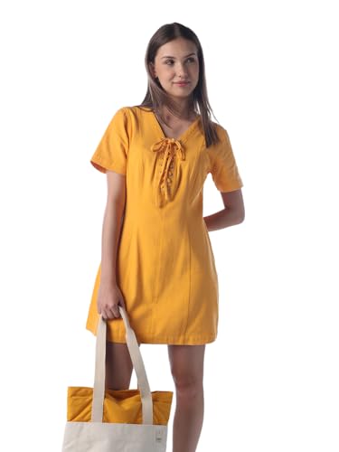 ONLY Women's Solid Fit and Flare Mustard Dress