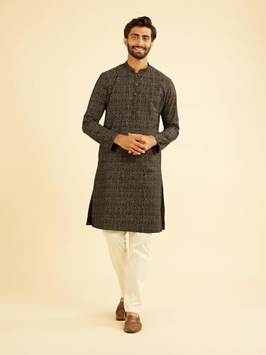 Manyavar Men's Cotton Blend Tribal Prints Kurta (Black,XXL)