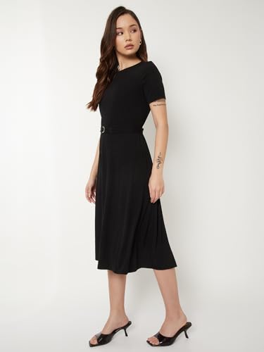 Max Women Textured A-line Belted Dress (Black_XL)