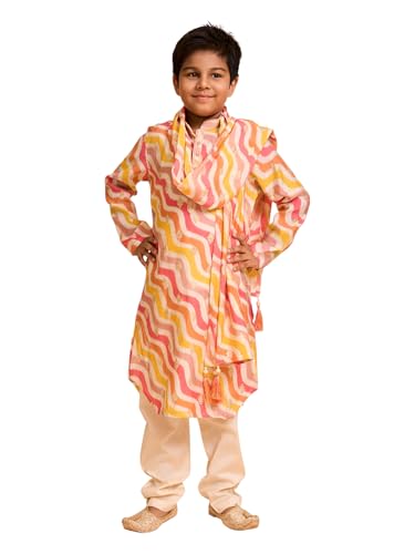 Manyavar Boys Viscose Blend Leheriya Printed Kurta Pyjama Set (Warm White,8-10Y)