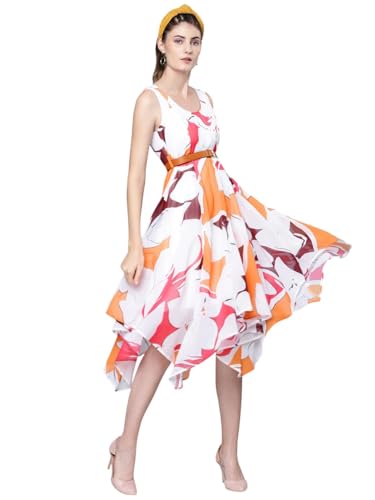 SASSAFRAS Orange Floral Asymmetric Belted Midi Dress