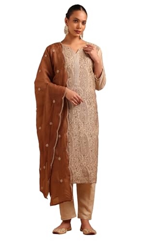 Soch Womens Beige Mul Chanderi Botanical Embroidered Salwar Suit