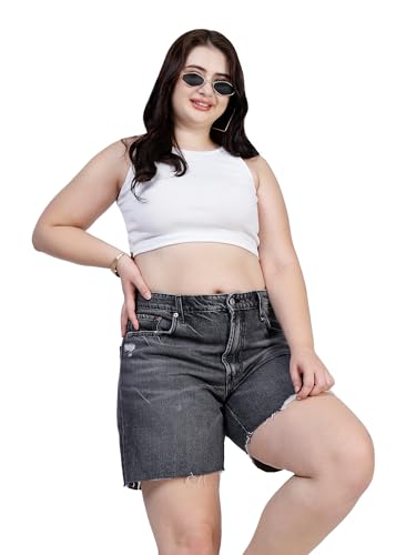 Plus Size Women REGULAR FIT Denim Shorts( Bermuda )- Length 17.5" inch- MID RISE-NON-STRETCH- Rugged - Faded Blackish Grey color- Waist Size (L)32 to (3XL)38 inch (IN, Alpha, XL, Faded Blackish Grey)