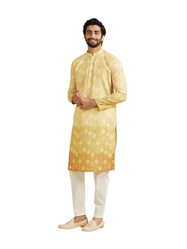 Manyavar Men's Cotton Blend Circular Bandhani Prints Kurta Pyjama Set(Yellow,M)