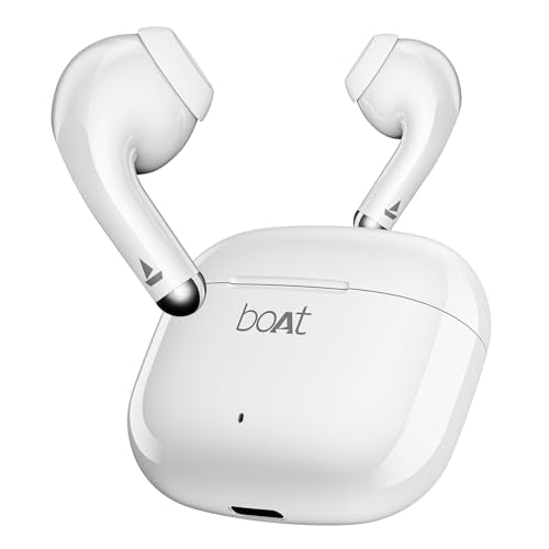 boAt Airdopes 101v2, 35H Battery, ENx Tech, 13mm Drivers, ASAP Charge, Flex-Fit Ear Tips,Stream Ad Free Music via App Support, Bluetooth Earbuds, TWS Ear Buds Wireless Earphones with mic (Smoke White)