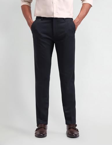 Arrow New York Men's Blue Self-Design Mid Rise Polyester Button Slim Fit Flat Front Slant Pocket Trousers (ANAITR2272_Blue_40)