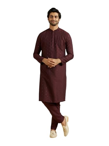 Manyavar Men's Viscose Blend Embellished Classic Kurta Pyjama Set (Wine,XXXL)
