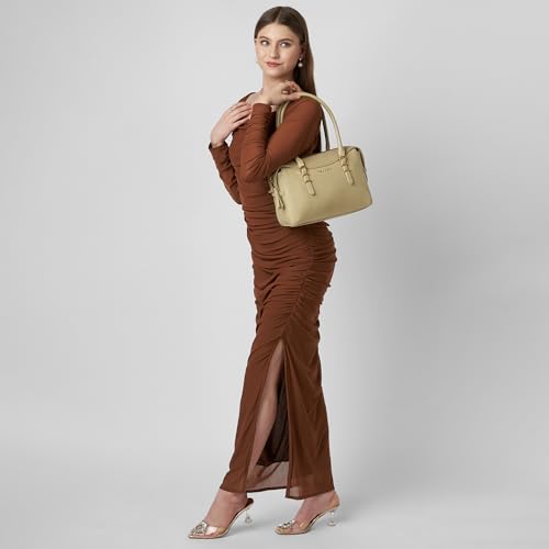Caprese Macie Small Satchel Bag for Women | Solid Faux Leather Handbag with Adjustable & Detachable Strap | Stylish Shoulder Bag with Zipper Closure | Everyday Office, Travel & Casual (Alpine Oat)