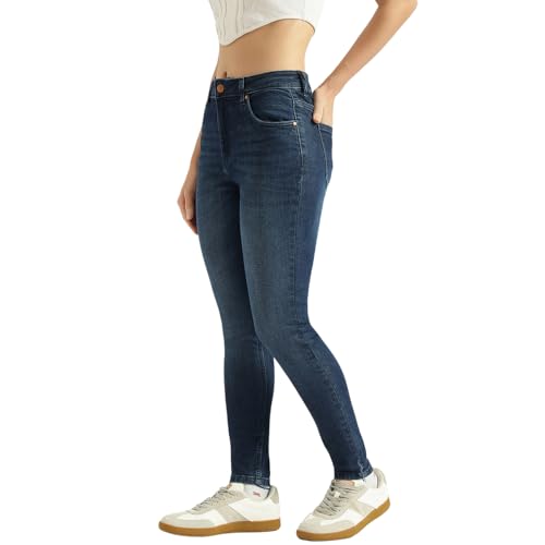United Colors of Benetton Solid Skinny Fit High Waist Dark Wash Jeans (Size: 28) - 26P4DENIM161I901 Blue