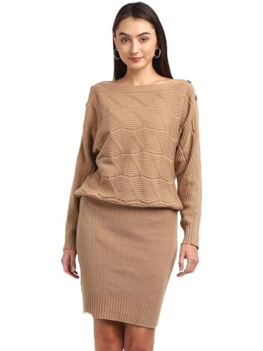 GUESS Women Beige Solid Boat Neck Dress