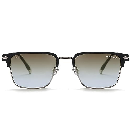 grey jack Half Frame Sunglasses,Stylish Square Shape Polarized Shades for Men Women 2040 Black Silver/Light Brown