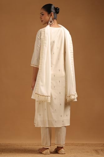 Soch Womens Off-White Pure Cotton Floral Embroidered Zari Woven Salwar Suit