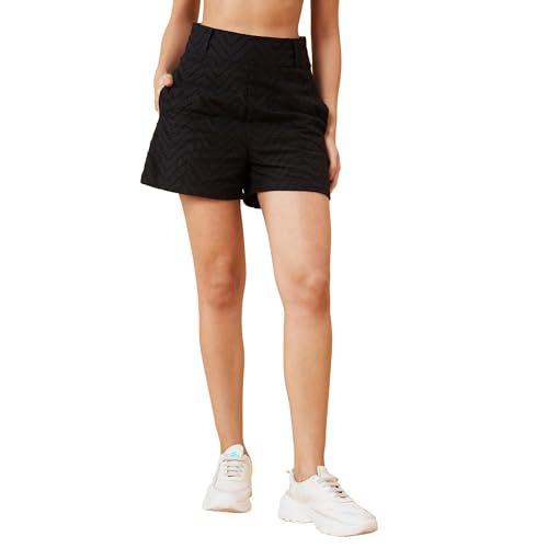 Globus Women Black Self Design High-Rise Regular Shorts with Zip Closure-GS568826