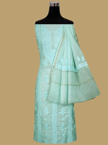Ada Hand Embroidered Lucknowi Chikankari Unstitched Chanderi Dress Material Suit Piece with Dupatta for Women with Pearl Work 01A937473 Light Turquoise