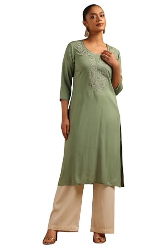 Soch Womens Sap Green Rayon Floral Kurta with Machine Embroidery and Thread Work