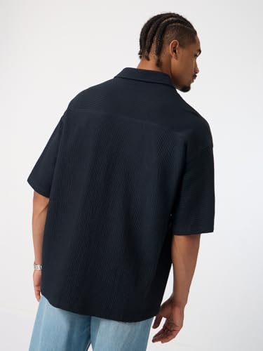 The Souled Store Textured Shirt: Blue Iris Men and Boys Short Sleeve Spread Collar Navy Blue Solid Cotton Blend Lightweight Drop Shoulder Streetwear Trendy Oversized Shirt