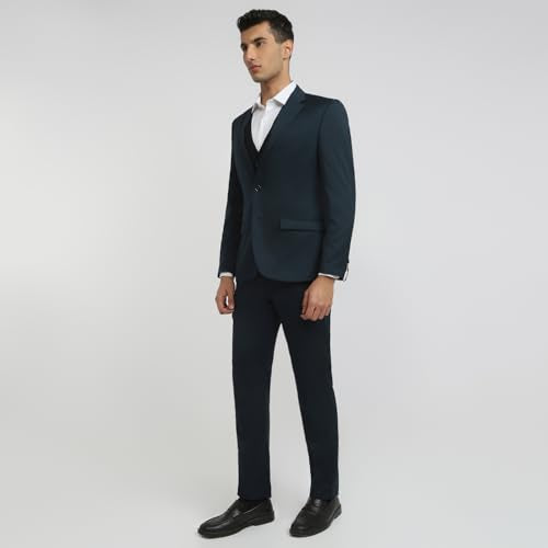 Raymond Men Contemporary Fit Dobby Pattern Terry Linen Blend Notch Lapel Full Sleeve Ceremonial Suit Green