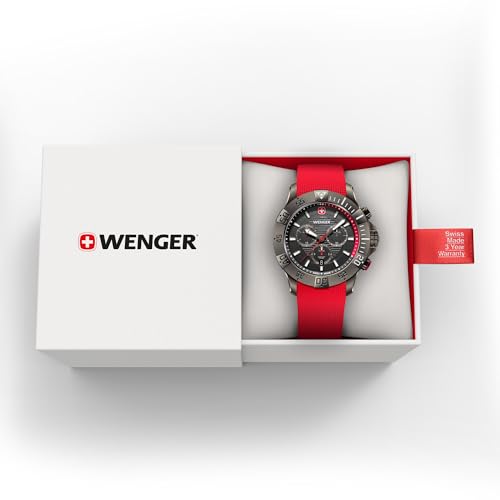 WENGER Seaforce Chrono Swiss Made 43 mm, Black Dial, Red Silicone Strap, Men's Watch - 01.0643.128