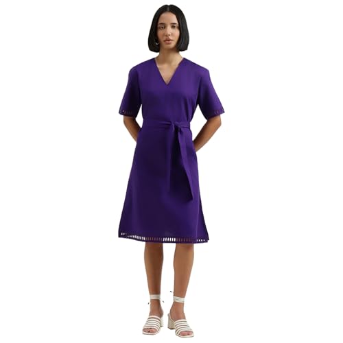 United Colors of Benetton Regular Fit V-Neck Self Design Dress (Size : M) - 26P4WVNDR307IV19 Purple