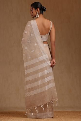 Soch Womens Beige Chanderi Embroidered Saree With Thread Work